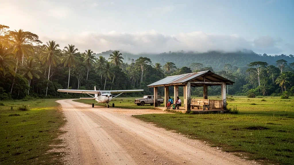 Kleines Propellerflugzeug auf der Schotterpiste des Flughafens Ahuas in Honduras, umgeben von dichtem Mosquitia-Regenwald und offenem tropischem Himmel