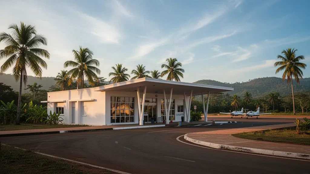 Terminal aeroportuale regionale tropicale ad Ambatolhy in Madagascar con palme, piazzale illuminato dal sole e calda luce dell'ora d'oro