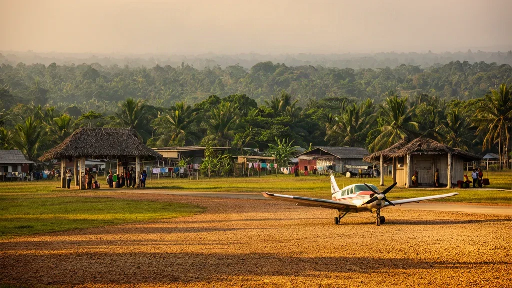 Aereo monomotore sulla pista erbosa dell'aeroporto di Ahuas in Honduras, con un riparo del terminal dal tetto di foglie di palma e la foresta pluviale sullo sfondo