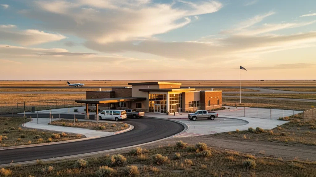 Golden-hour view of a small rural municipal airport terminal in Nebraska with drop-off lane, apron and prairie runway under a vast sky