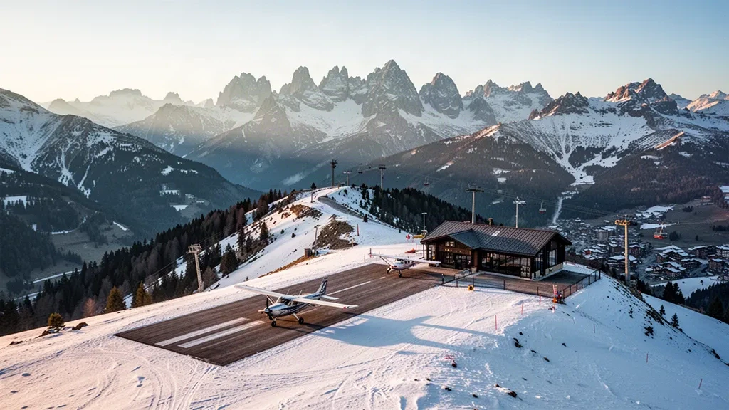 Pista alpina innevata e piccolo terminal di montagna presso L'Alpe d'Huez Henri Giraud Altiport sotto le cime delle Grandes Rousses