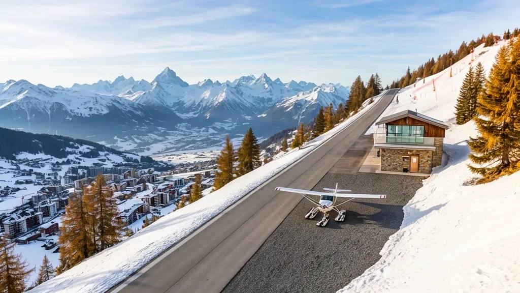 Fransız Alpleri'ndeki Alpe d'Huez – Henri Giraud Altiport'un eğimli dağ pisti, bir hafif uçak ve karla kaplı zirveler
