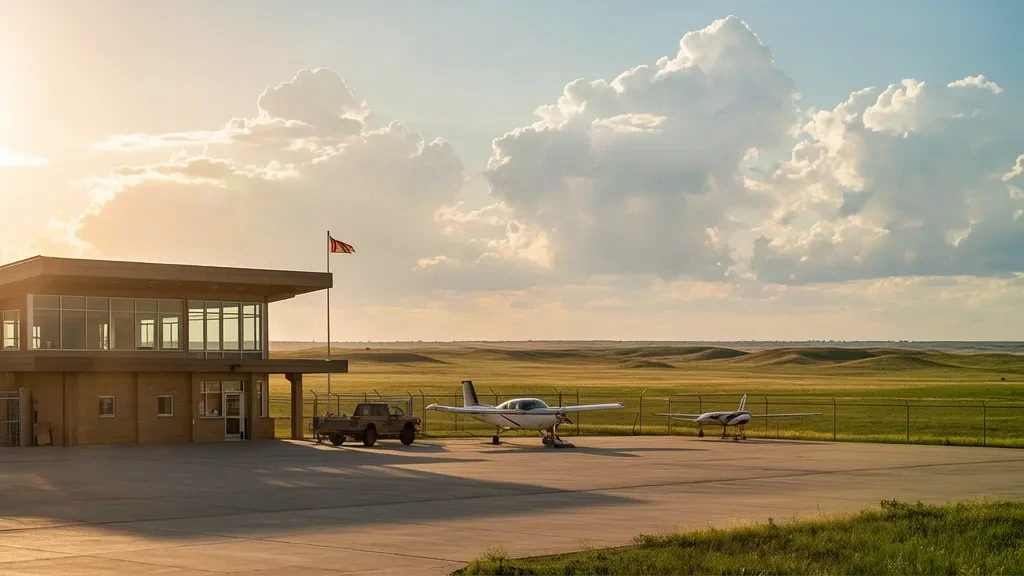 Piccolo edificio terminal e piazzale aeromobili all'aeroporto municipale di Alliance nel Nebraska sotto un vasto cielo delle Grandi Pianure