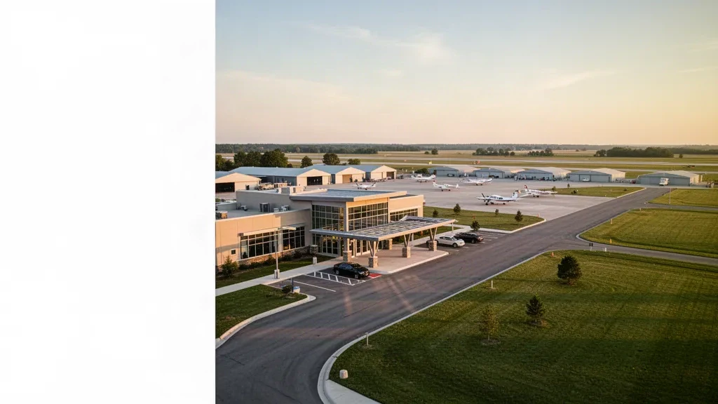 Amplia vista al atardecer del aeropuerto Anderson Municipal Darlington Field en Indiana, con terminal, pista, hangares y cielo abierto.