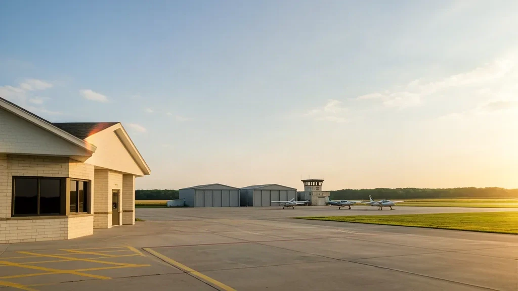 Indiana'daki Anderson Municipal Darlington Field havalimanında terminal binası, hangarlar ve park etmiş hafif uçaklar