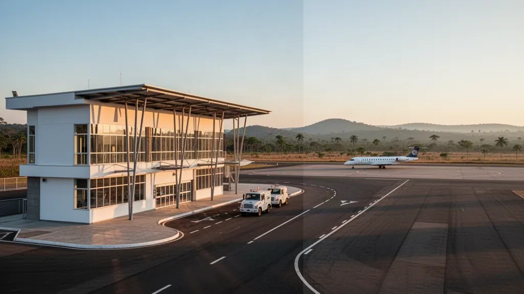 Edificio terminal moderno y carril de descenso en el Aeropuerto Marcelo Pires Halzhausen en Assis, Brasil, iluminado por el cálido sol del final de la tarde.