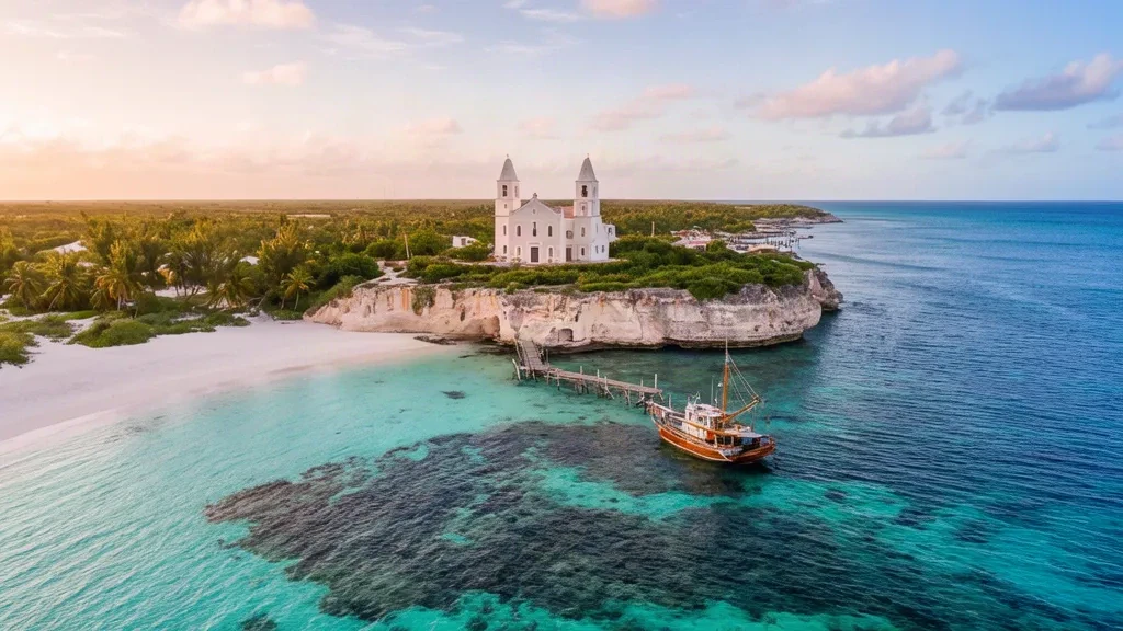 Costa atlantica turchese e spiagge di sabbia bianca vicino a Clarence Town a Long Island, Bahamas, durante l'ora d'oro