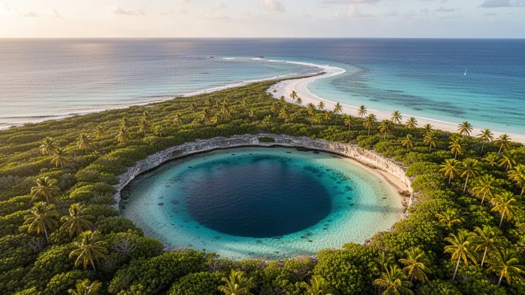 Veduta aerea di Dean's Blue Hole circondato da bassi fondali turchesi e vegetazione tropicale a Long Island, Bahamas