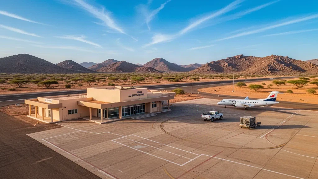 Kleines regionales Terminal und Rollfeld am Flughafen Ali Sabieh in Dschibuti unter klarem Wüstenhimmel