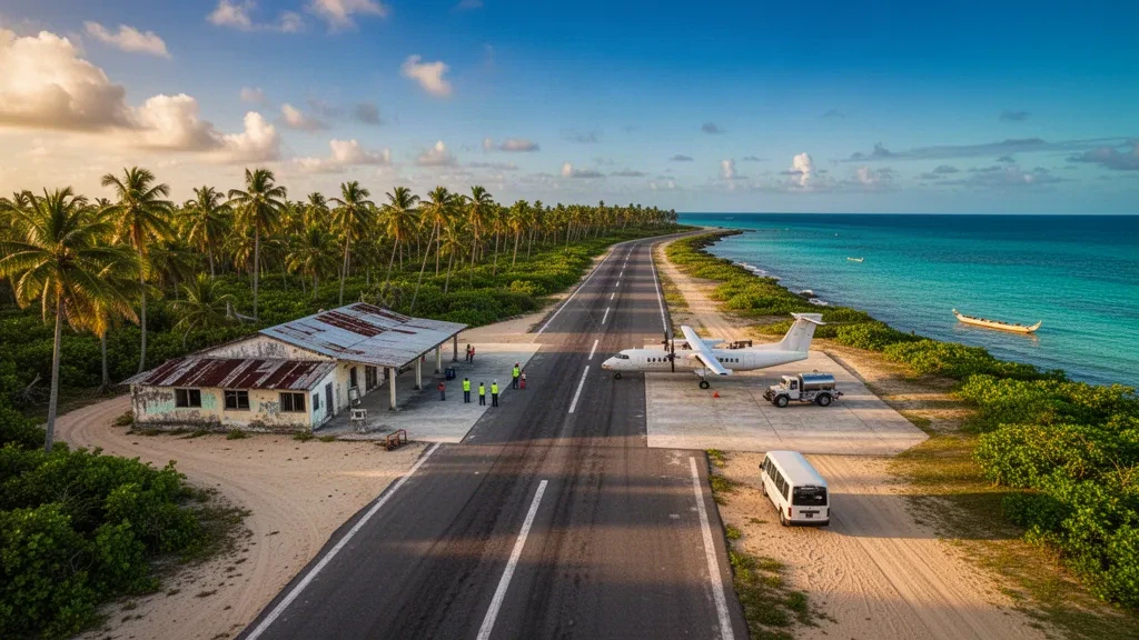 Piste d'atterrissage d'une île tropicale à l'aéroport d'Ailigandí, dans la comarque de Guna Yala, au Panama, avec un petit avion, des palmiers et l'eau turquoise des Caraïbes.