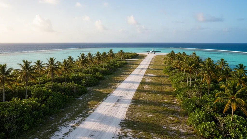Pequeña pista de aterrizaje tropical en el aeropuerto de Ailuk, en el atolón de Ailuk, Islas Marshall, rodeada de palmeras cocoteras y aguas turquesa de la laguna durante la hora dorada