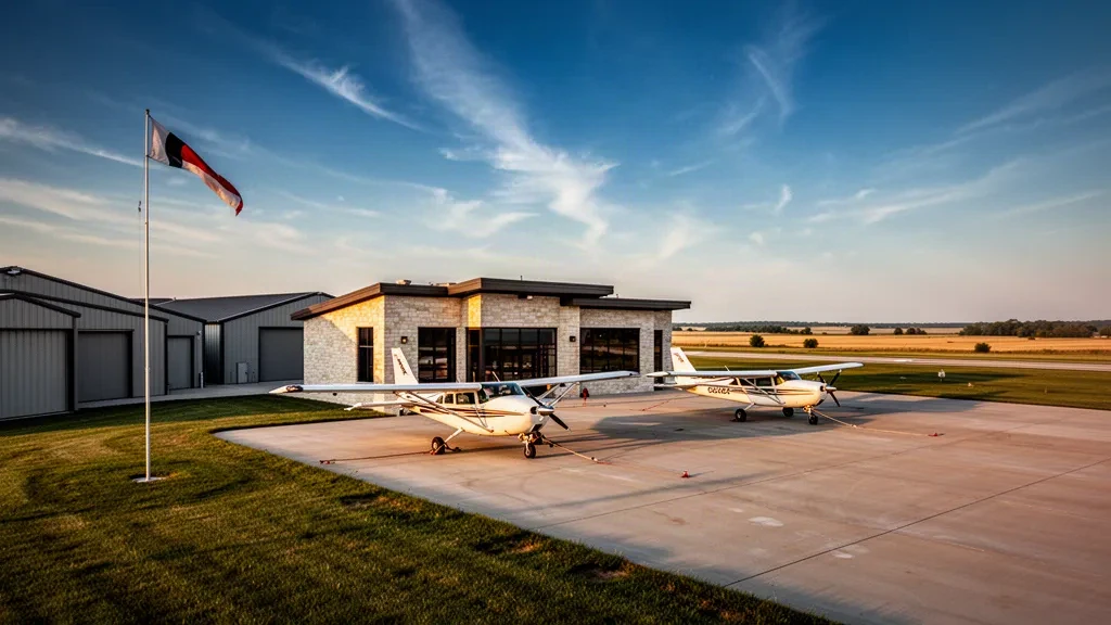 Avión monomotor estacionado frente al edificio terminal de baja altura del Aeropuerto Atlantic Municipal en Iowa en una clara mañana de hora dorada.