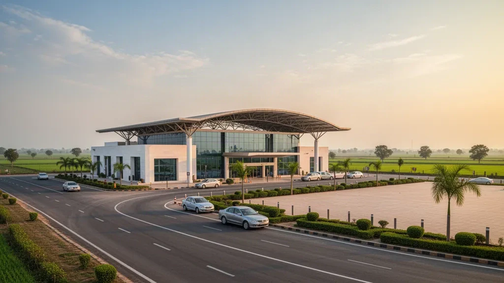 Moderno terminal aeroportuale in vetro e corsia di sosta curva all'aeroporto di Adampur nel Punjab durante l'ora d'oro, con strade d'accesso e campi verdi oltre