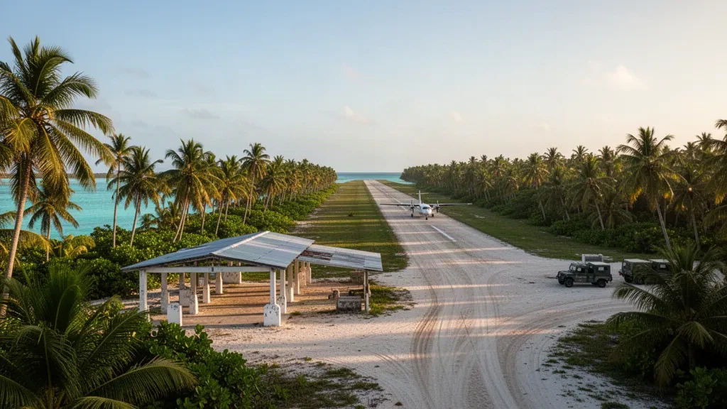 Kiribati'deki Arorae Adası Havalimanı'nda turkuaz Pasifik Okyanusu kıyısında güneşle aydınlanan mercan pisti ve palmiye ağaçlarıyla çevrili uçuş pisti
