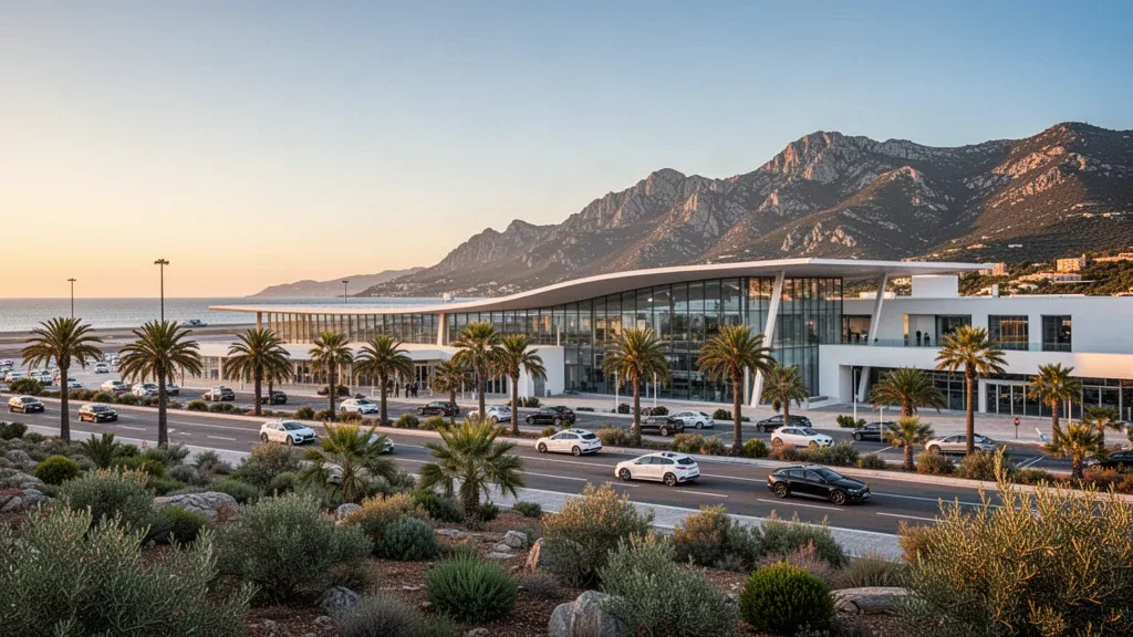 Modern glass terminal exterior at Ajaccio Napoleon Bonaparte Airport in Corsica, with palm trees, access roads and mountains at golden hour.