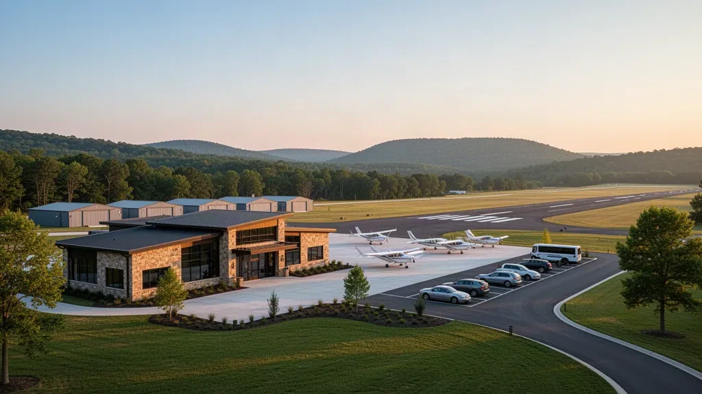 Terminal d'aviation générale, tarmac et hangars de l'aéroport Lee C. Fine Memorial entourés des collines des Ozarks du Missouri à l'heure dorée