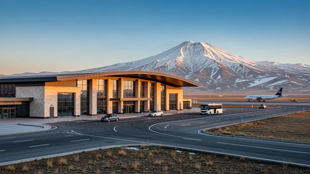 Extérieur moderne du terminal de l'aéroport d'Ağrı avec le mont Ararat enneigé s'élevant au-delà des voies de dépose à l'heure dorée
