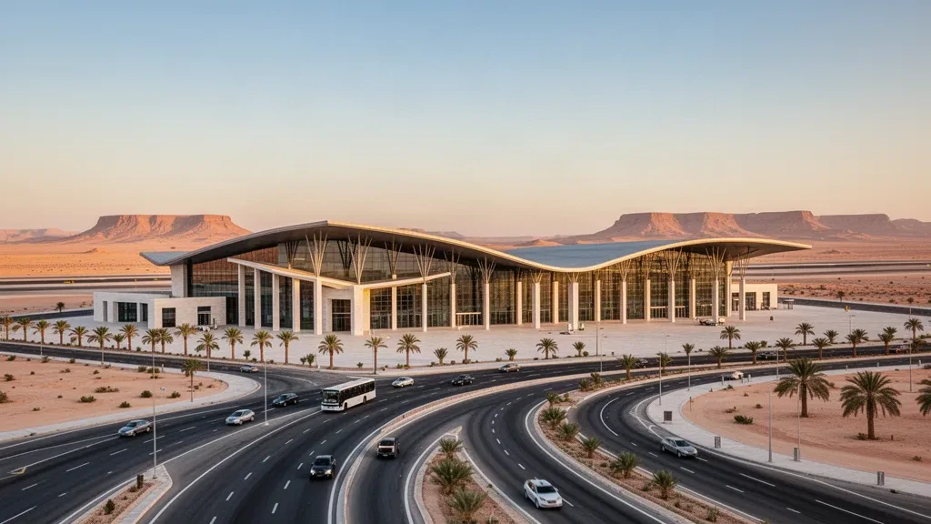 Suudi Arabistan'daki El-Cevf Uluslararası Havalimanı'nda gün batımı saatlerinde modern cam terminal binasının dış cephesi ve yolcu indirme şeridi