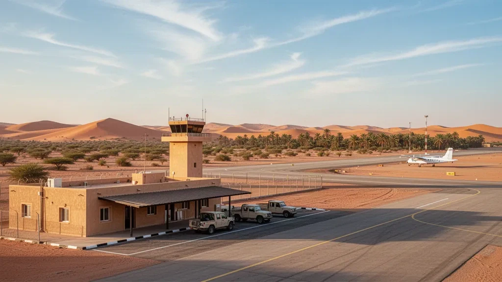 Small desert airport terminal and empty runway near Akjoujt, Mauritania, under warm Sahara light with dunes beyond