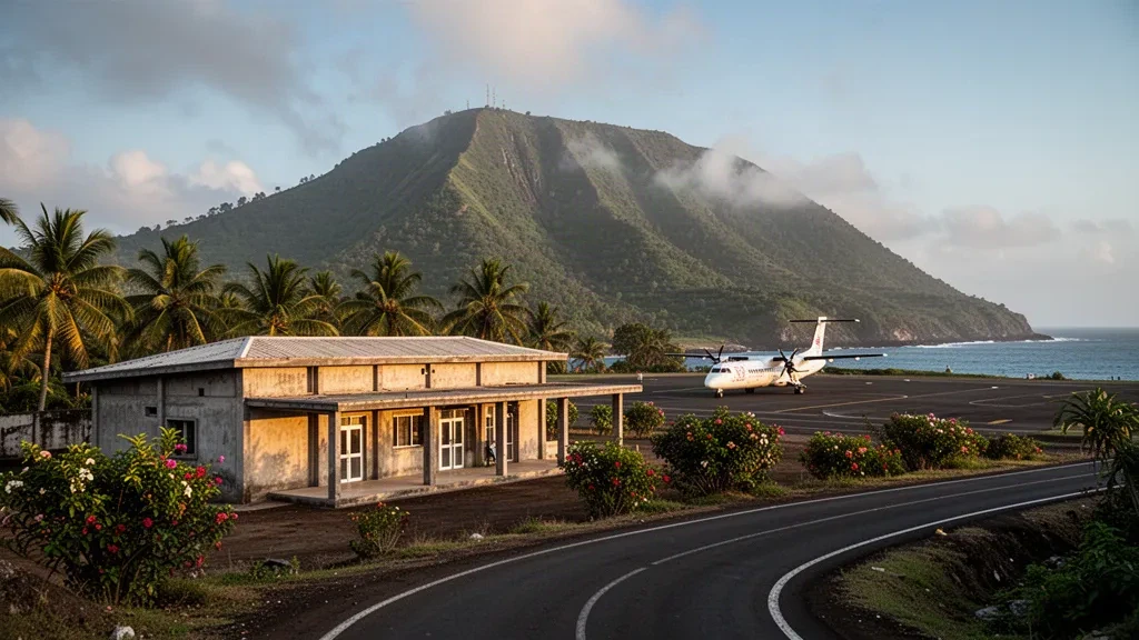 Kleines tropisches Inselflughafenterminal auf Anjouan, Komoren, mit Palmen und grünen vulkanischen Hügeln im Licht des späten Nachmittags
