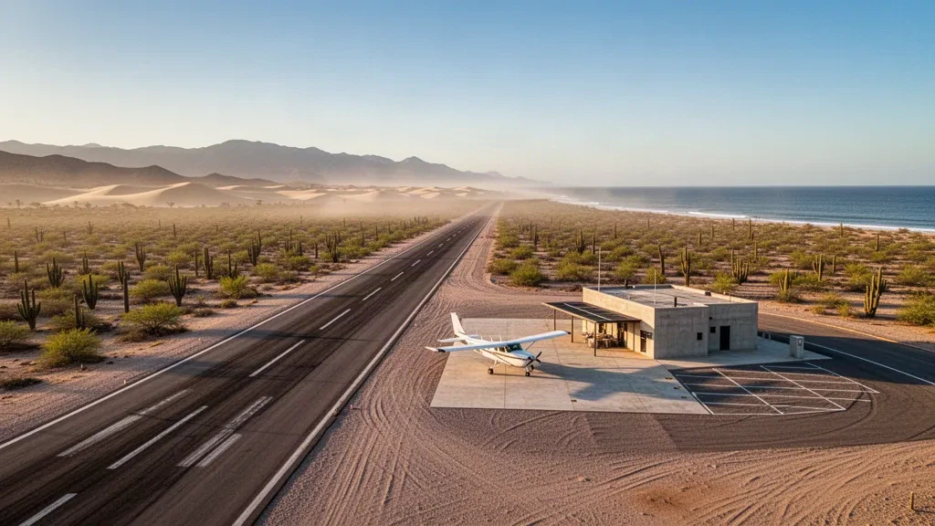 Small desert runway at Punta Abreojos Airport in Baja California Sur, surrounded by cacti scrub and Pacific coastal light at golden hour.