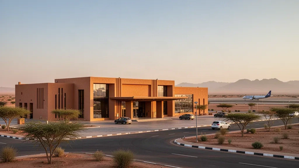 Modern terminal exterior and drop-off lane at Mano Dayak International Airport in Agadez, Niger, under warm golden hour desert light