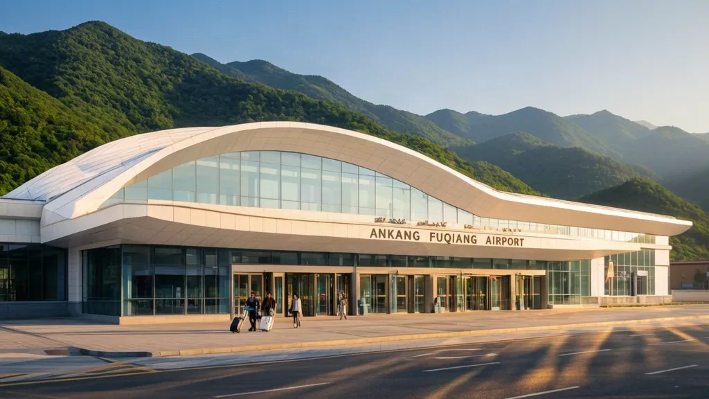 Außenansicht des Terminalgebäudes des Flughafens Ankang Fuqiang mit Glasfassade und grünen Bergen im Hintergrund unter klarem Himmel.