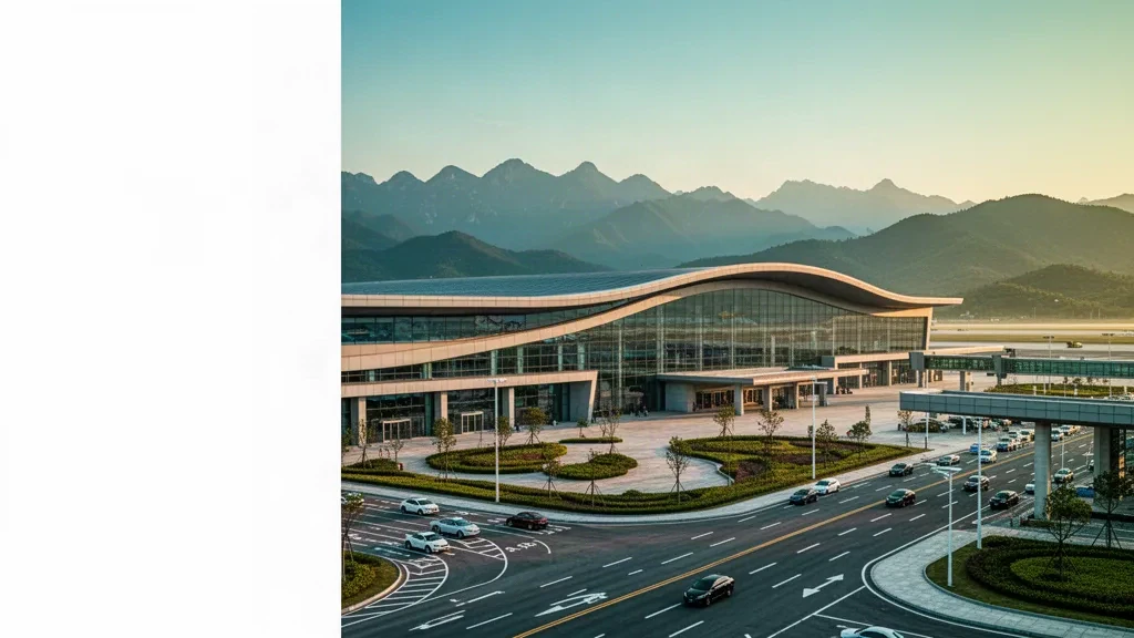 Esterno moderno del terminal dell'aeroporto di Ankang Fuqiang con pareti in vetro, strade di accesso e montagne durante l'ora d'oro.