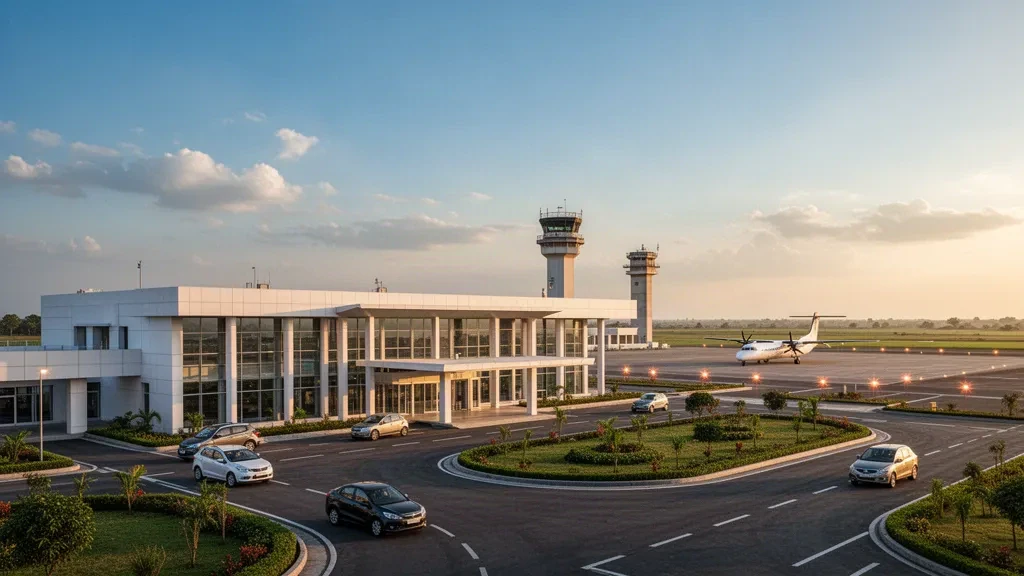 Modern terminal exterior and drop-off zone at Akola Airport in Maharashtra, India, with clear sky and open space.