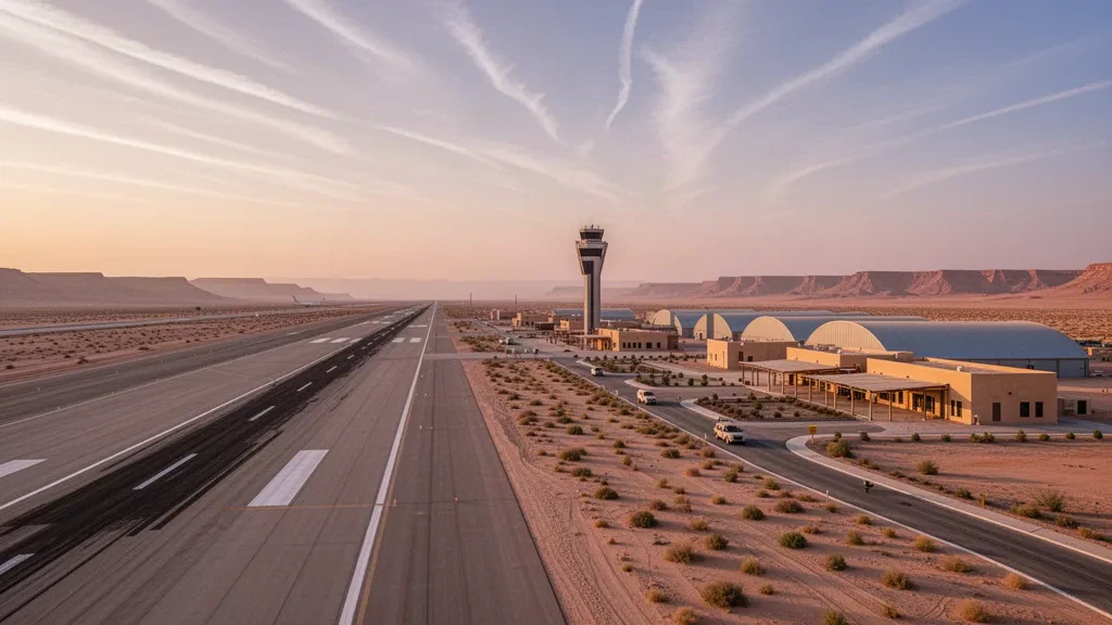 Desert runway, control tower and hangars at Prince Sultan Air Base near Al Kharj, Saudi Arabia, in warm golden-hour light