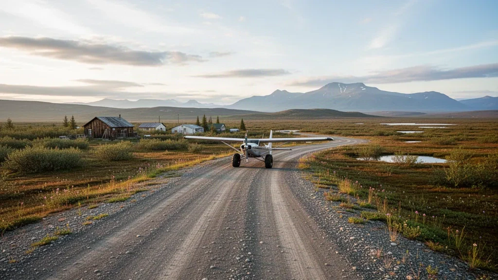 Pista remota in ghiaia e tundra aperta all'aeroporto di Anguganak in Alaska, con un piccolo aereo da bush parcheggiato sotto una luce serale soffusa.
