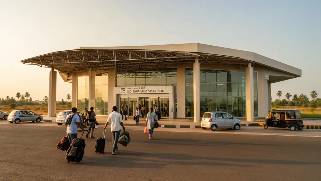 Reisende vor dem Inlandsterminal am Flughafen Akola in Maharashtra im warmen Licht der goldenen Stunde.