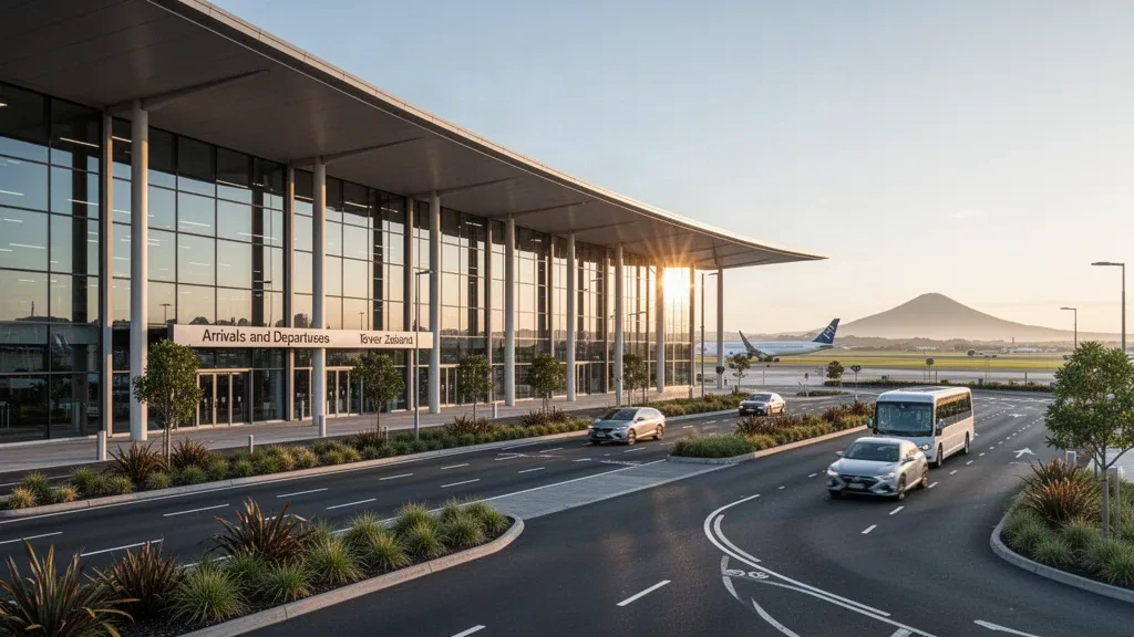Modern glass Auckland Airport international terminal exterior at golden hour with kerbside drop-off lanes and a wide road in the foreground