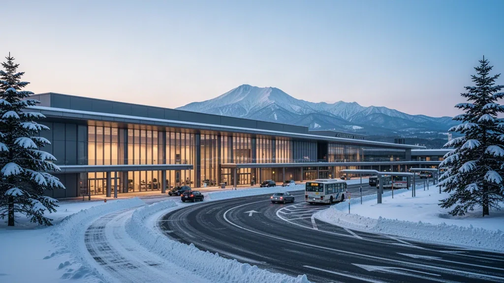 Terminal dell'aeroporto di Asahikawa in Hokkaido innevato al crepuscolo, con montagne sullo sfondo e auto sulla strada di accesso