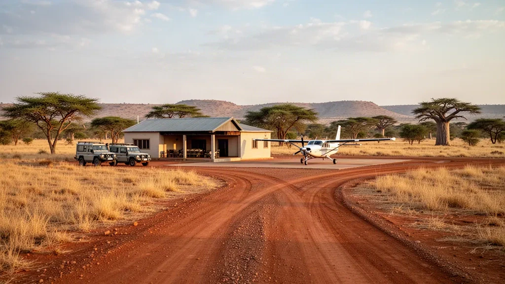 Light aircraft parked on the savanna airstrip at Zakouma Airport in Chad, with a shaded terminal building and acacia trees in warm afternoon light.
