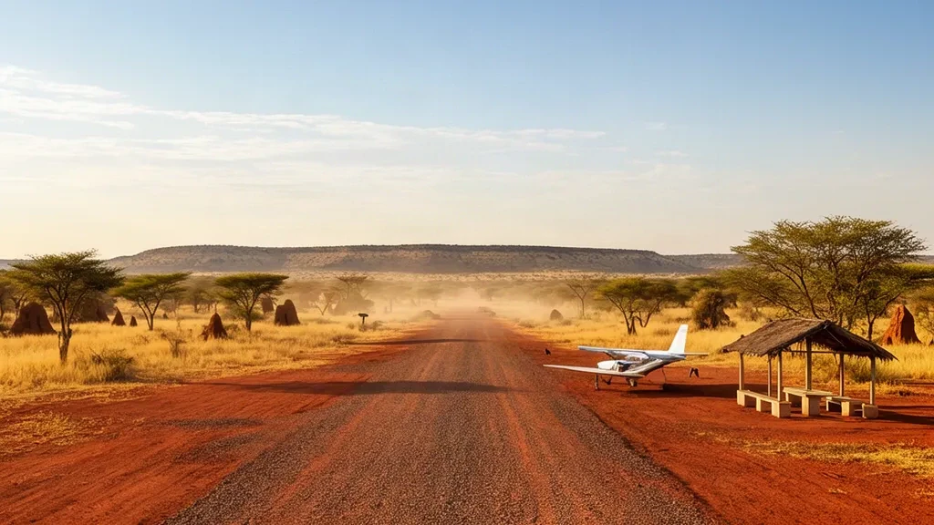 Remote gravel airstrip and light aircraft at Zakouma Airport in Chad, framed by dry savanna and acacia trees at sunset