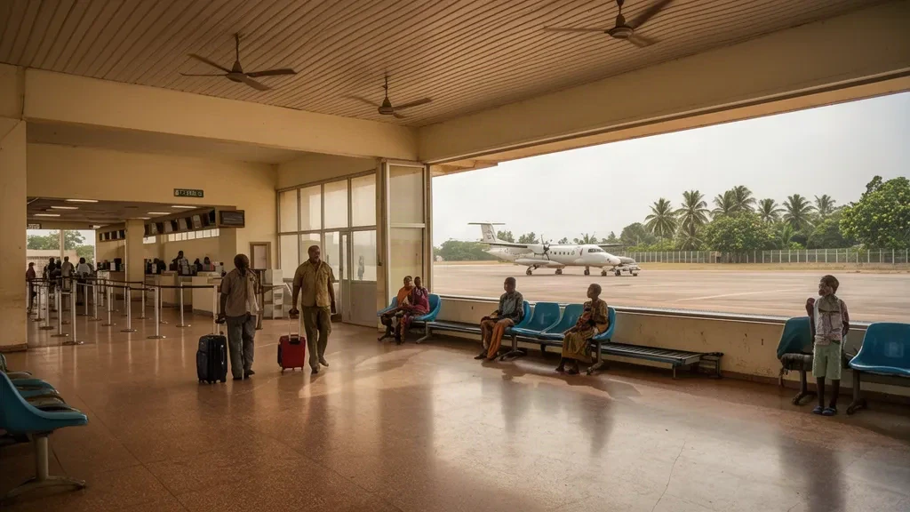 Viajeros y mostradores de facturación en la luminosa sala de salidas del aeropuerto de Akure AKR, en el estado de Ondo, Nigeria