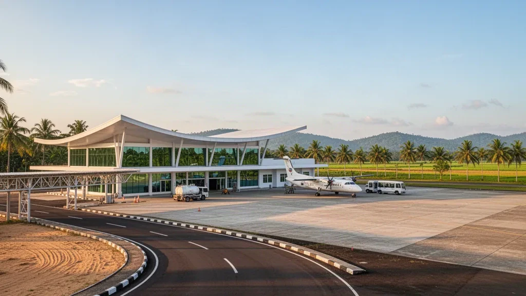 Flaches Terminalgebäude und tropisches Vorfeld am Flughafen Astra Ksetra in Lampung, Indonesien, in warmem Morgenlicht.