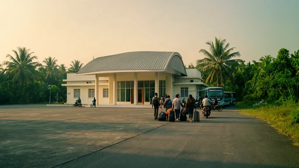Sonnenbeschienenes Terminalgebäude und Passagierausstiegsbereich am Flughafen Astra Ksetra in Lampung, Indonesien