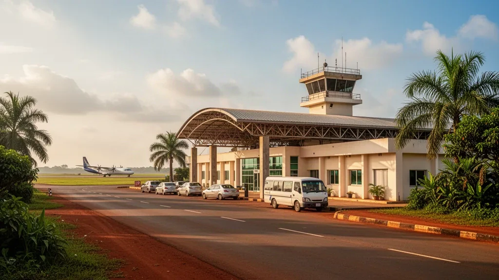 Edificio terminal basso e corsia di sosta all'Aeroporto di Akure nello Stato di Ondo, Nigeria, incorniciati da palme nella calda luce pomeridiana