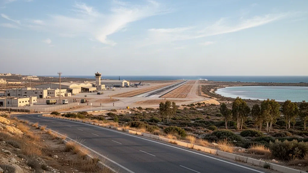 Sunlit view of RAF Akrotiri airbase in Cyprus with its runway, flat-roofed buildings and the Mediterranean coastline beyond