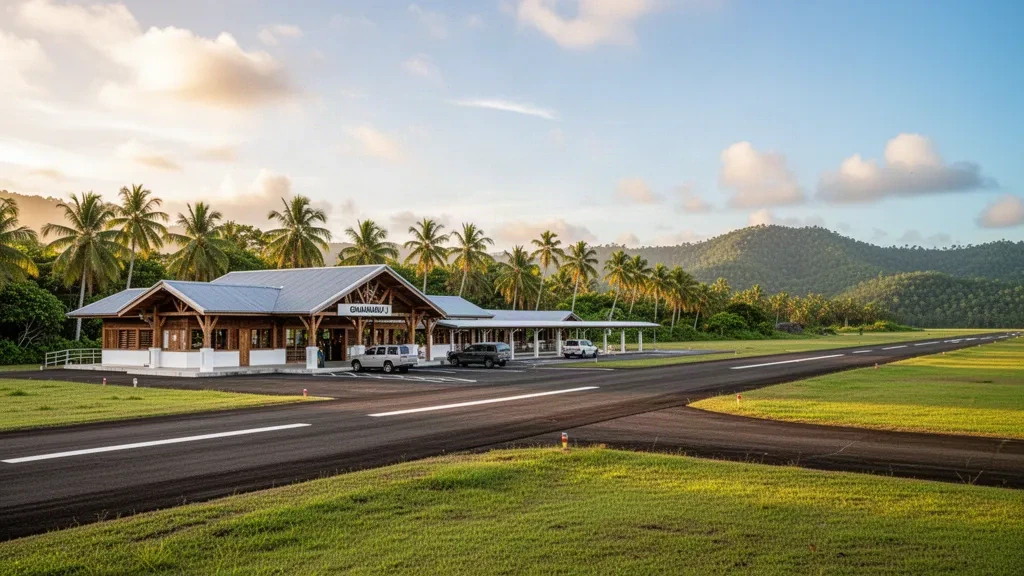 Tropisches Terminal und palmengesäumte Start- und Landebahn am Gwaunaru'u Flughafen nahe Auki, Salomonen, in warmem Licht der goldenen Stunde.