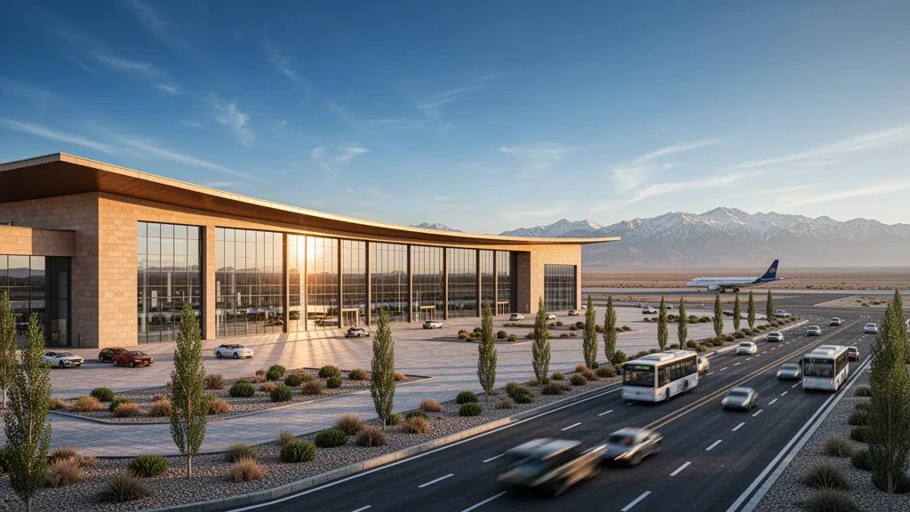 Wide view of the modern glass terminal exterior at Aksu Hongqipo Airport in Xinjiang under warm golden-hour light