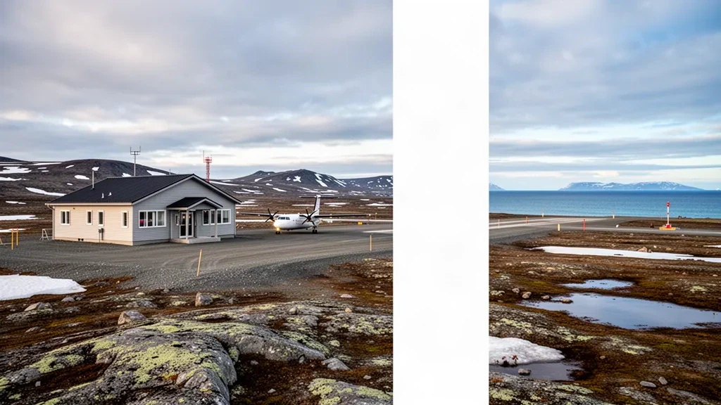 Small remote terminal and gravel runway at Akulivik Airport on the Nunavik coast under cool Arctic light