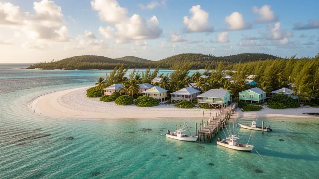 Türkisfarbene Untiefen und weißer Sandstrand von North Abaco auf den Bahamas, eingerahmt von Kiefernrücken und pastellfarbenen Inselhäusern
