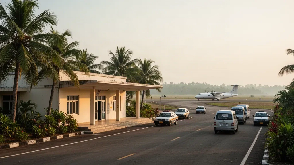 Low-rise tropical terminal and palm-lined drop-off forecourt at Sittwe Airport in Rakhine State, Myanmar, in warm late-afternoon coastal light.