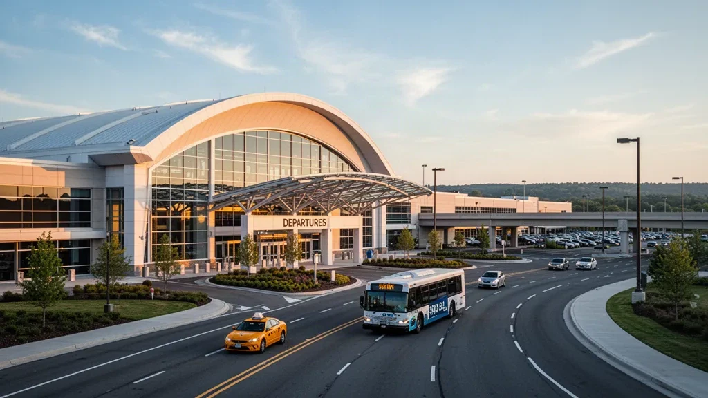 Albany Uluslararası Havalimanı'nda sıcak altın saat ışığında modern cam terminal dış cephesi ve yolcu indirme şeritleri