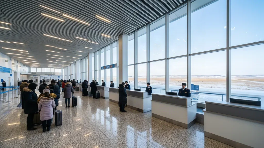Geräumige Abflughalle am Aktobe International Airport mit Check-in-Schaltern, hohen Glaswänden und Reisenden bei Tageslicht