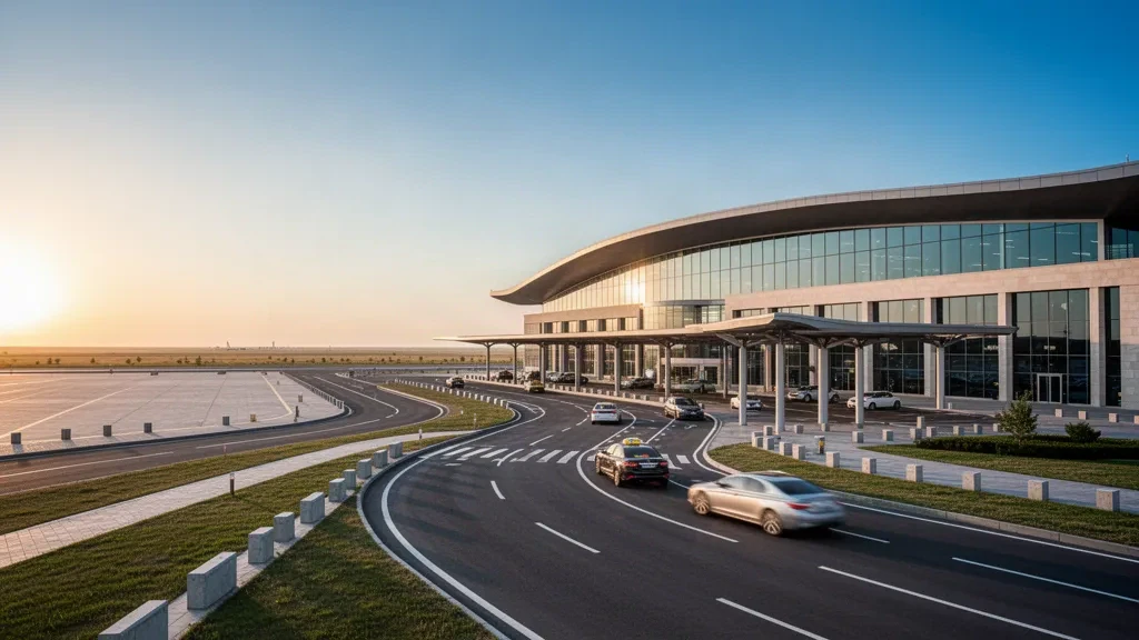 Façade moderne en verre du terminal de l'aéroport international d'Aktobe au Kazakhstan, avec voies d'accès et taxis à l'heure dorée