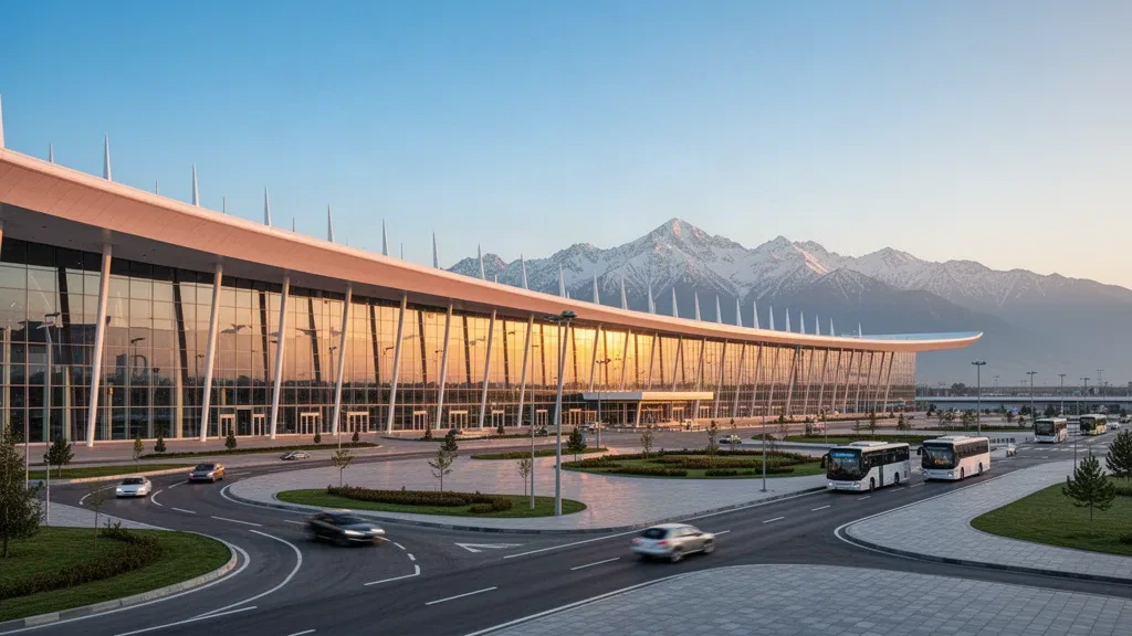Moderno terminal in vetro dell'Aeroporto Internazionale di Almaty con le montagne innevate del Tian Shan all'ora d'oro